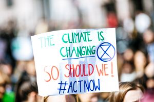 Crowd gathering for climate change protest, holding activist sign.
